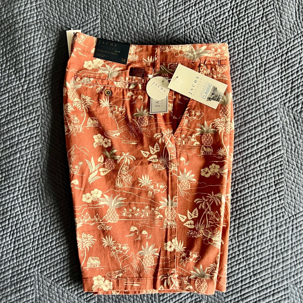 Jachs Bleeker Stretch Twill Shorts, new never worn, with Hawaiian theme design